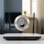 Lata de cerveza de aluminio vacía junto a un router WiFi