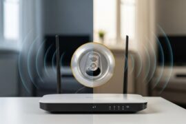 Lata de cerveza de aluminio vacía junto a un router WiFi