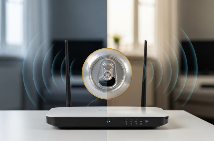 Lata de cerveza de aluminio vacía junto a un router WiFi
